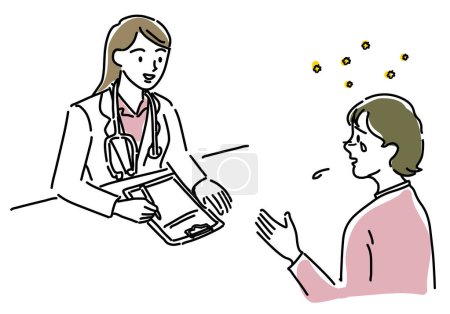 Téléchargez les photos : Une femme consulte un médecin féminin au sujet du rhume des foins dessin à la main illustration, vecteur - en image libre de droit