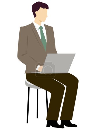 Téléchargez les photos : Illustration d'un homme d'affaires assis sur une chaise avec son ordinateur portable - en image libre de droit