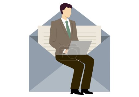 Foto de Empresario con portátil sentado en un sobre abierto. - Imagen libre de derechos