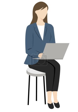 Foto de Ilustración de una mujer de negocios sentada en un taburete con un portátil - Imagen libre de derechos