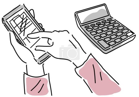 Téléchargez les photos : Main de femme produire une déclaration de revenus sur téléphone portable dessin à la main illustration vectorielle - en image libre de droit
