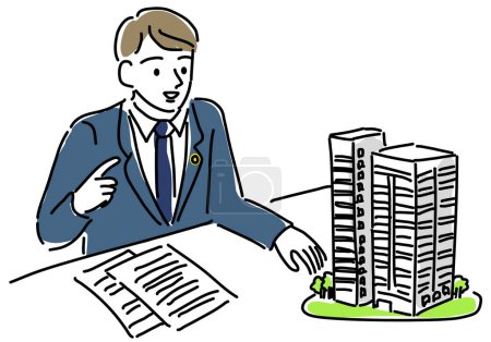 man lawyer explains about buildings hand drawing illustration