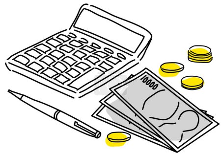 Geld, Taschenrechner und Stift Bild Hand Zeichnung Illustration