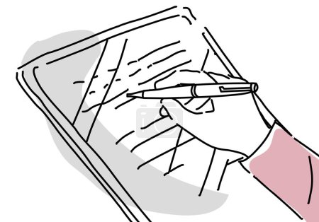 Frau unterschreibt elektronisch auf Tablet Hand Zeichnung Illustration