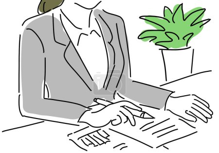 Téléchargez les photos : Illustration d'une femme d'affaires assise à son bureau et signant un contrat - en image libre de droit
