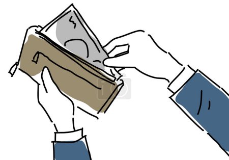 Illustration of a hand holding a wallet full of money on white background