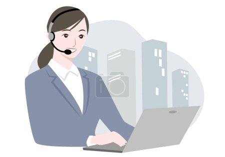 Illustration einer Frau, die ein Headset trägt und an einem Laptop arbeitet