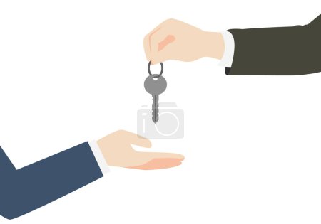 Agente inmobiliario entregando llaves a un cliente. Ilustración vectorial.