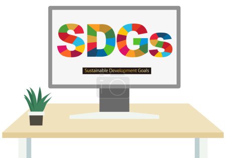 Illustration of a desktop computer with the word SDGs on the screen