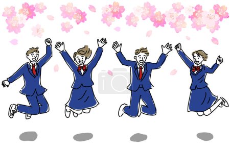 Illustration of happy students jumping in front of cherry blossoms