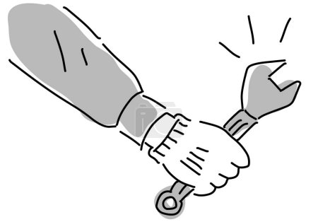 Handgezeichnete Karikatur der Hand eines Geschäftsmannes mit einem Schraubenschlüssel.