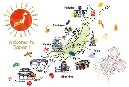 Mignonne destination touristique japonaise illustration carte dessin à la main