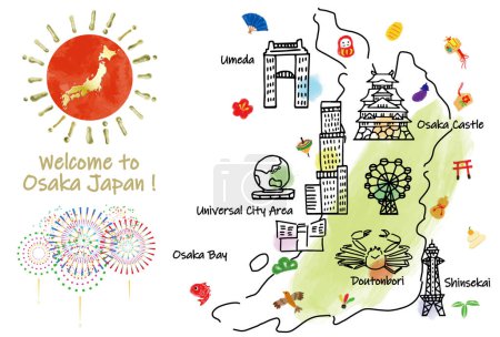 Welcome to OSAKA Japan! Hand drawn vector illustration with famous landmarks.