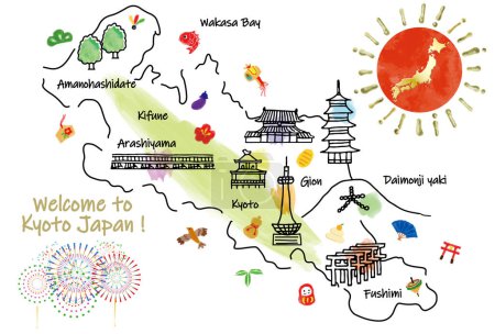 Hand drawn illustration of KYOTO travel map with famous landmarks.