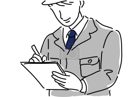 Ilustración de un hombre escribiendo en un portapapeles con una pluma.