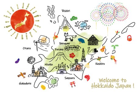 HOKKAIDO Japon carte de voyage avec des monuments et des attractions. Illustration vectorielle dessinée main.