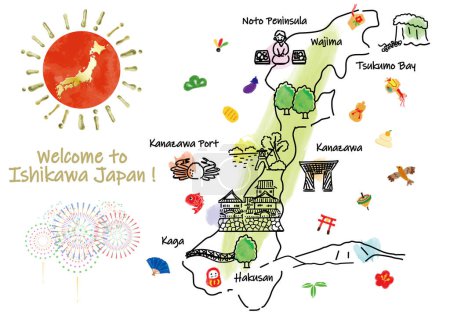 ISHIKAWA Japan Reisekarte mit Sehenswürdigkeiten und Attraktionen. Handgezeichnete Vektorillustration.