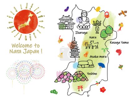 Welcome to Nara Japan. Hand drawn vector illustration of Japanese symbols and landmarks.