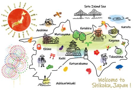 Téléchargez les photos : SHIKOKU Japon carte de voyage avec des monuments et des attractions. Illustration vectorielle dessinée main. - en image libre de droit