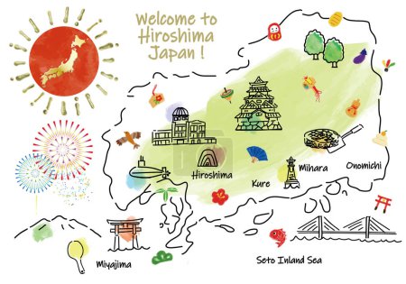 Mapa de viaje de HIROSHIMA Japón con lugares de interés y atracciones. Ilustración vectorial dibujada a mano.