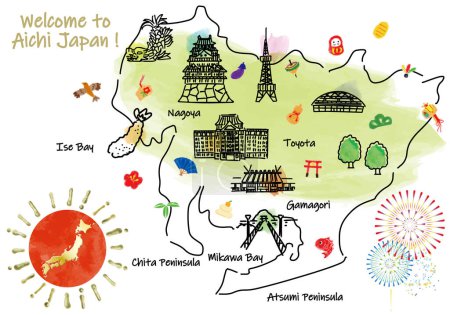 AICHI Japan Reisekarte mit Sehenswürdigkeiten und Attraktionen. Handgezeichnete Vektorillustration.
