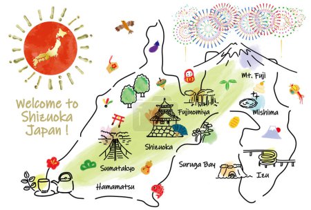 SHIZUOKA Japan travel map with landmarks and attractions. Hand drawn vector illustration.