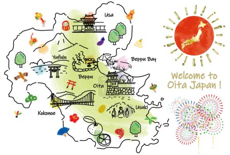 OITA Japan travel map with landmarks and attractions. Hand drawn vector illustration.