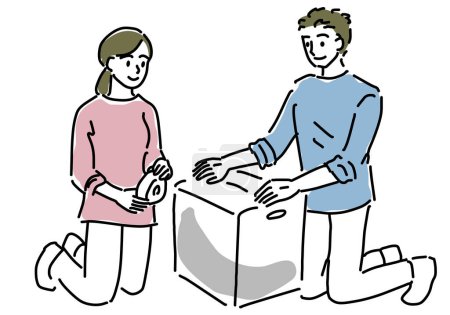 Couple packing for moving  hand drawing illustration