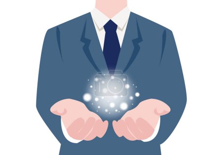 Flat illustration of a businessman holding out his hands and lights future image