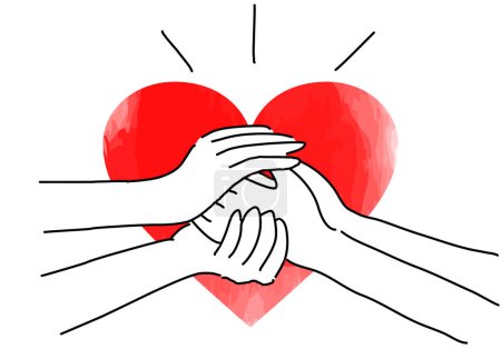 Hands of people holding each other's hands and heart shape hand drawing illustration