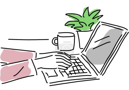 Mains d'une femme travaillant sur un ordinateur portable dessin à la main illustration vectorielle