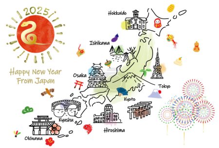 hand drawing JAPAN tourist spot map new year card 2025 hand drawing illustration