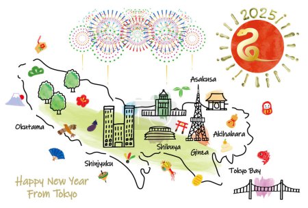 hand drawing TOKYO JAPAN tourist spot map new year card 2025 hand drawing illustration
