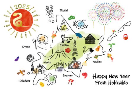 Carte des attractions touristiques de HOKKAIDO JAPON dessinée à la main et illustration de charmes de chance japonais