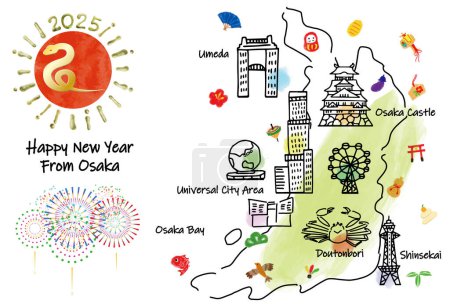 hand drawing OSAKA JAPAN tourist spot map new year card 2025 illustration