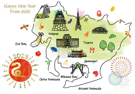 Foto de AICHI Japón mapa de viajes con monumentos y símbolos. Ilustración vectorial dibujada a mano. - Imagen libre de derechos