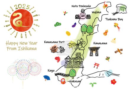 Carte de voyage d'ISHIKAWA Japon avec des monuments et des symboles. Illustration vectorielle dessinée main.