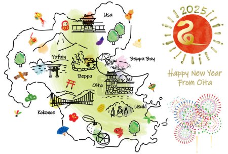 Carte de voyage OITA Japon avec des monuments et des symboles. Illustration vectorielle dessinée main.