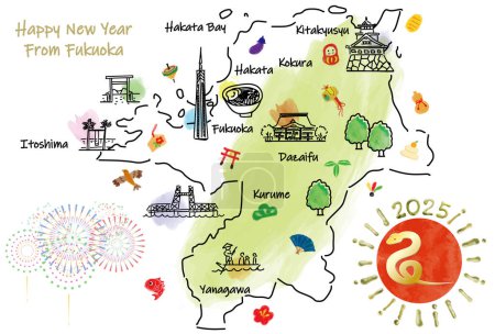 Mapa de viajes de FUKUOKA Japón con monumentos y símbolos. Ilustración vectorial dibujada a mano.