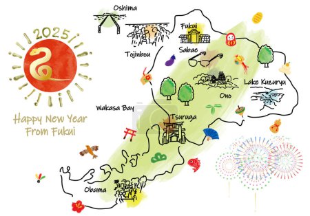Mapa de viajes de FUKUI Japón con monumentos y símbolos. Ilustración vectorial dibujada a mano.