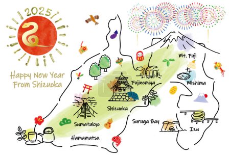 SHIZUOKA Japón mapa de viaje con monumentos y símbolos. Ilustración vectorial dibujada a mano.