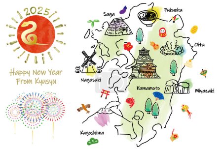 KYUSYU travel map with landmarks and symbols. Hand drawn vector illustration.