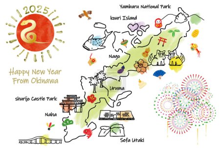 OKINAWA Japan Reisekarte mit Sehenswürdigkeiten und Symbolen. Handgezeichnete Vektorillustration.