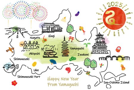 Téléchargez les photos : Carte de voyage de YAMAGUCHI Japon avec des monuments et des symboles. Illustration vectorielle dessinée main. - en image libre de droit