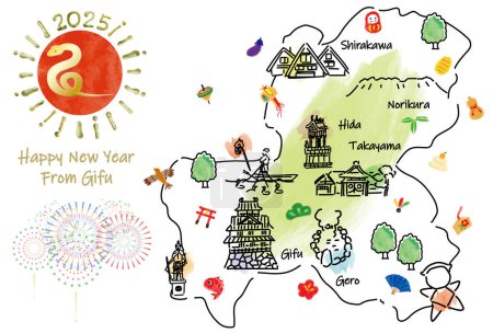 Téléchargez les photos : GIFU Japon carte de voyage avec des points de repère et des symboles. Illustration vectorielle dessinée main. - en image libre de droit