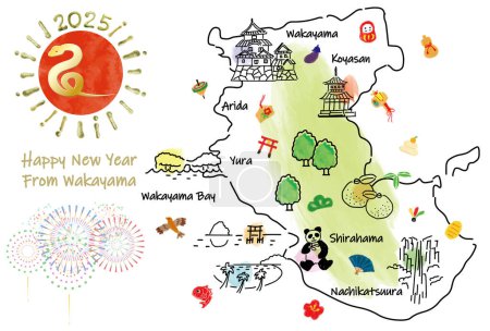WAKAYAMA Japan Reisekarte mit Sehenswürdigkeiten und Symbolen. Handgezeichnete Vektorillustration.