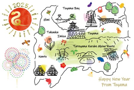Téléchargez les photos : TOYAMA Japon carte de voyage avec des points de repère et des symboles. Illustration vectorielle dessinée main. - en image libre de droit