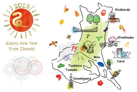 IBARAKI Japan Reisekarte mit Sehenswürdigkeiten und Symbolen. Handgezeichnete Vektorillustration.