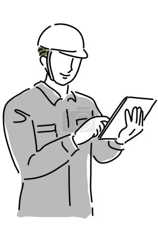 Illustration of a construction worker using a tablet computer on white background