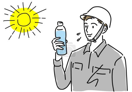 Man in helmets and work clothes to stay hydrated hand drawing illustration, vector